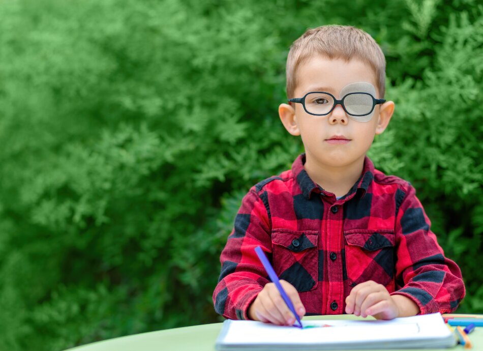 Boy with glasses and eye patch drawing outside 