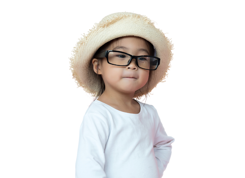 Small girl wearing straw hat and reading glasses