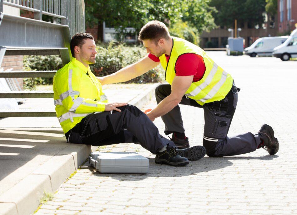 Dizzy man in high-vis sitting on kerb while fellow worker helps