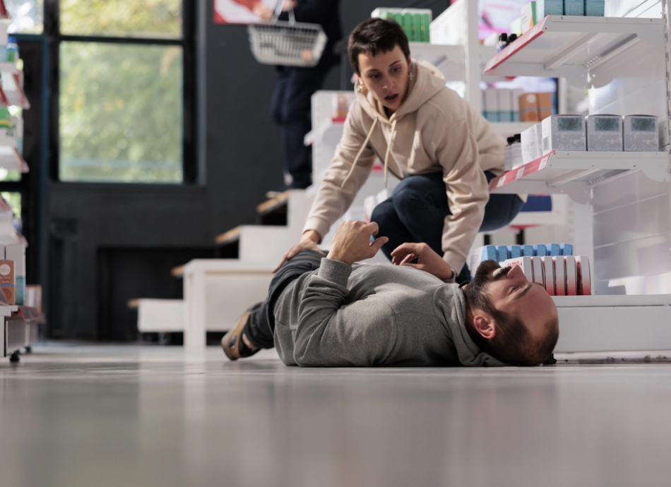 Woman assisting man having seizure 