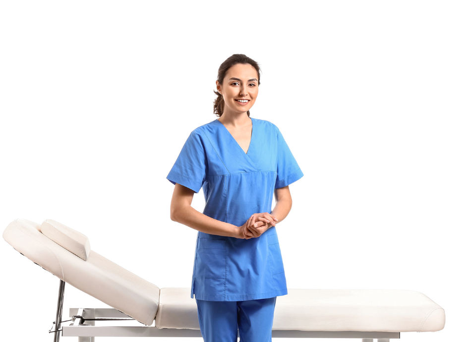 Healthcare provider standing in front of examination couch 