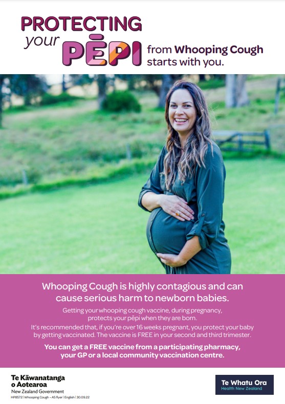 Poster promoting vaccination in pregnancy to protect newborn babies from whooping cough