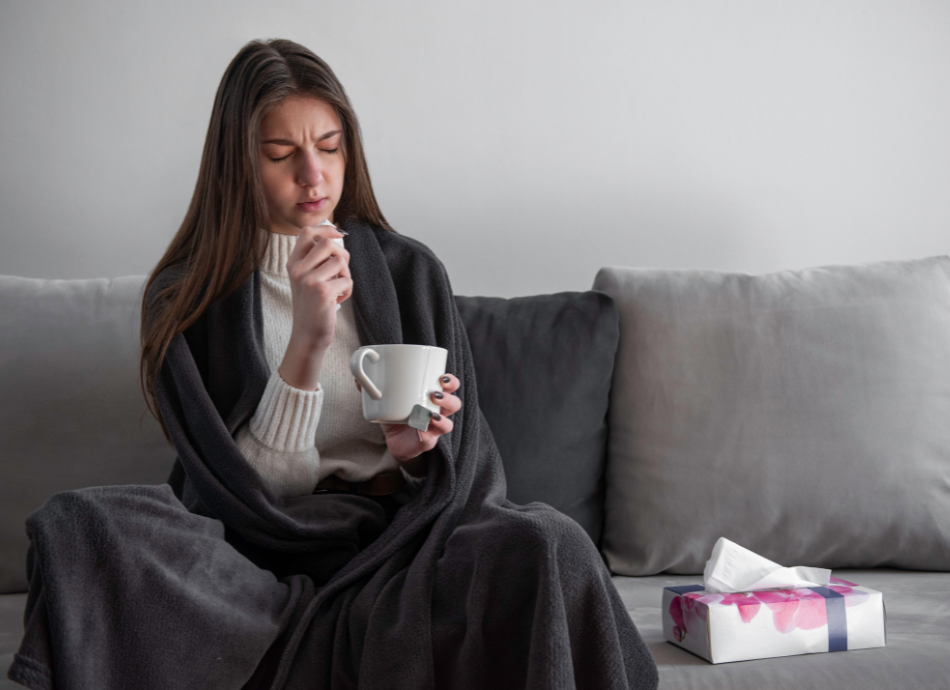 Teenager on couch with cold symptoms and tissues drinks tea 