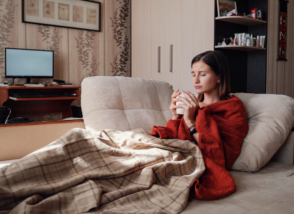Tired woman resting on couch with hot drink