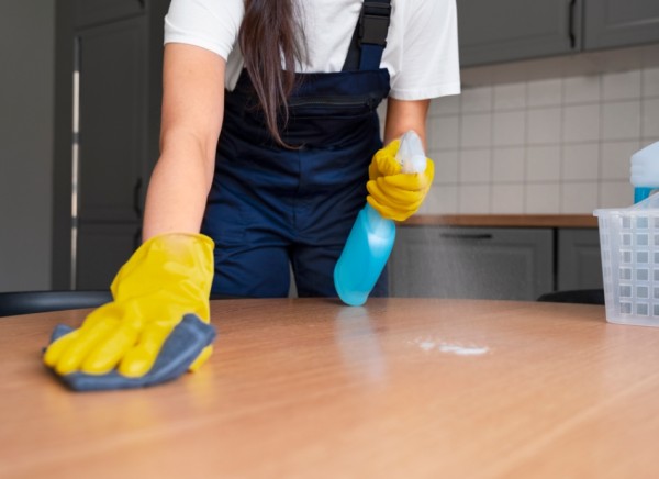 Woman using disinfectant to wipe down surfaces in kitchen