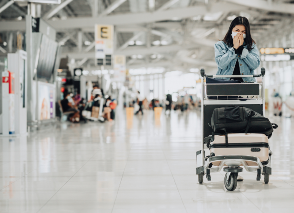 Woman wearing mask and sneezing pushing trolley at airport