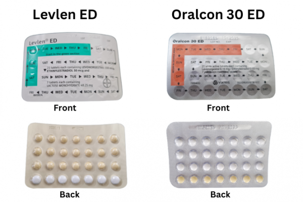 Front and back of Levlen ED and Oralcon 30 ED blisters