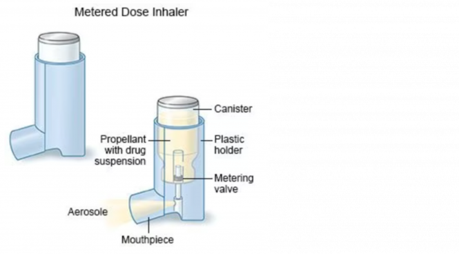 Diagram of the components of a metered dose inhaler. 