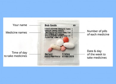 Sachet adherence aid showing tablets inside a sachet labelled with the patient's name, medicine names, time of day to take medicine and date and day of the week.