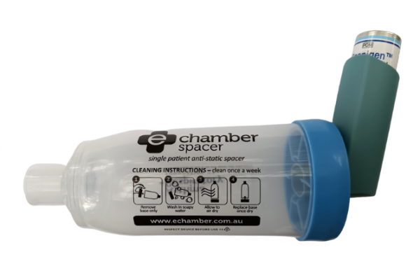 Salbutamol multidose inhaler attached to spacer device