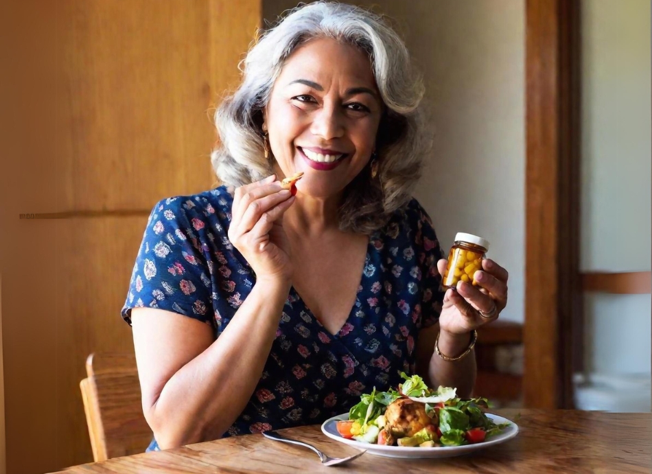 Woman eating meal with pill bottle beside water glass 