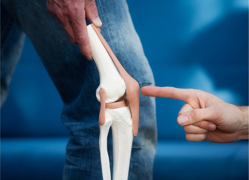 Man's finger point to plastic model of knee joint