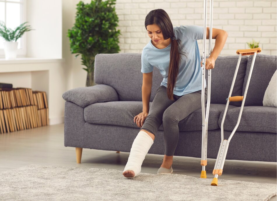 Woman on couch with leg in plaster and crutches
