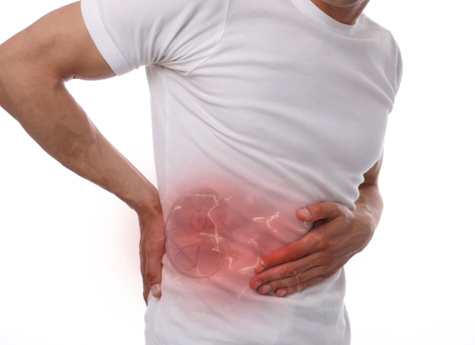 Illustration of kidney pain flaring in man's body