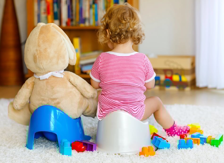 Back view of girl and teddybear on potties