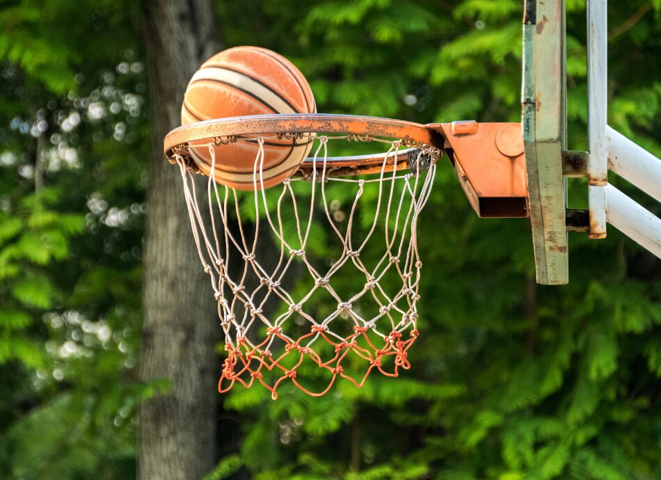Basketball landing in hoop