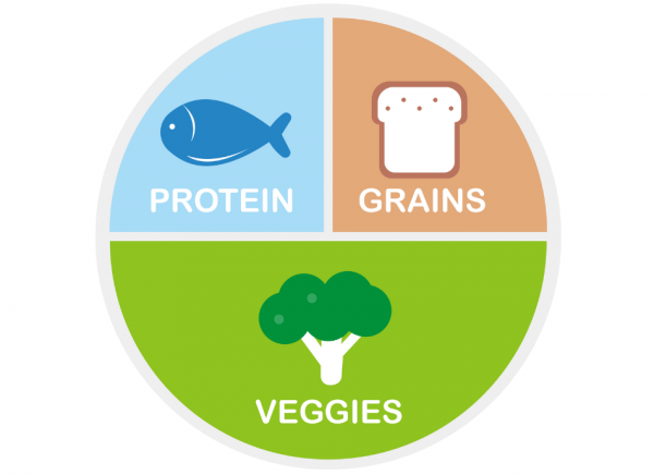 Plate of food with half vegetables and quarter each protein and carbohydrate