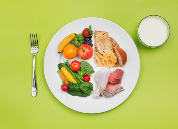 A balanced plate of food with protein, carbohydrate, fruit and vegetables