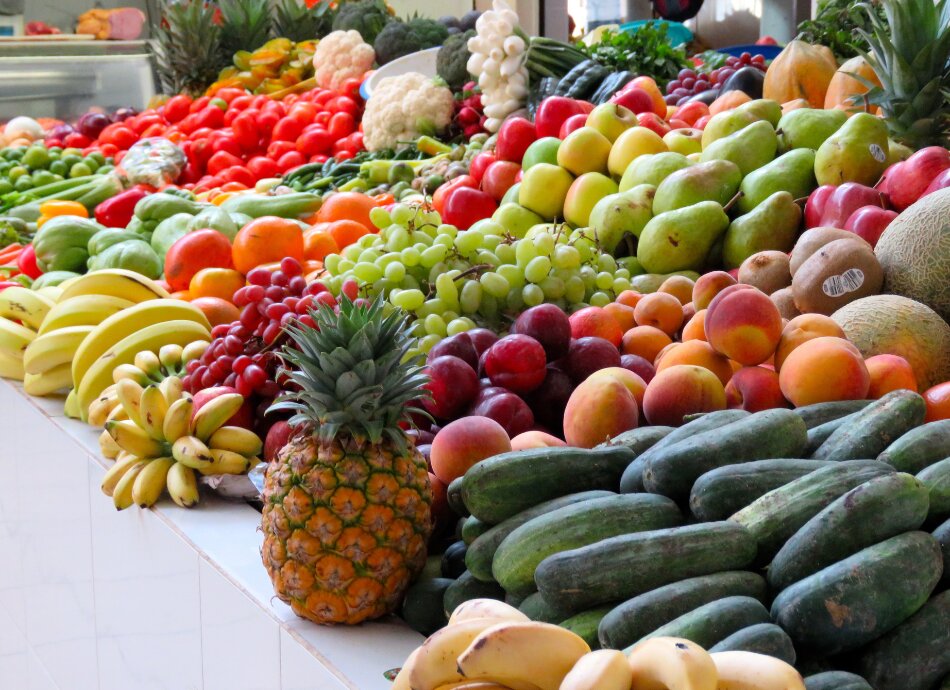 Colourful fruit and vegetables on a stall