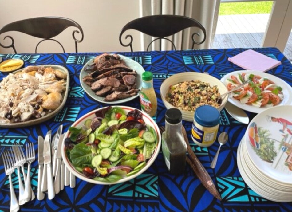 Kai feast on a colourful tablecloth