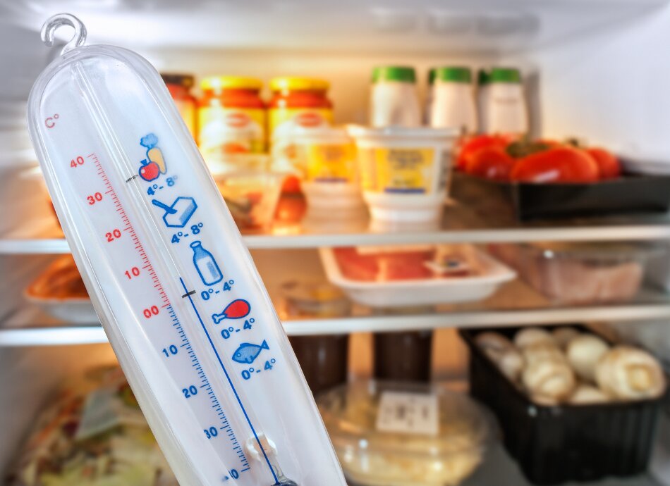 Thermometer in front of fridge showing stored food 