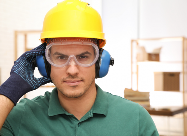 Construction worker wearing hard hat and ear protection