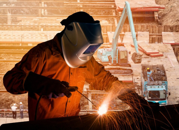 Welder wearing protective clothing