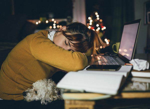 Woman working late and sleeping at her desk with dog