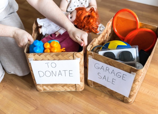 Boxes with decluttered items to donate or sell