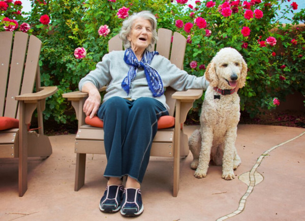 Older, frail woman in garden with dog