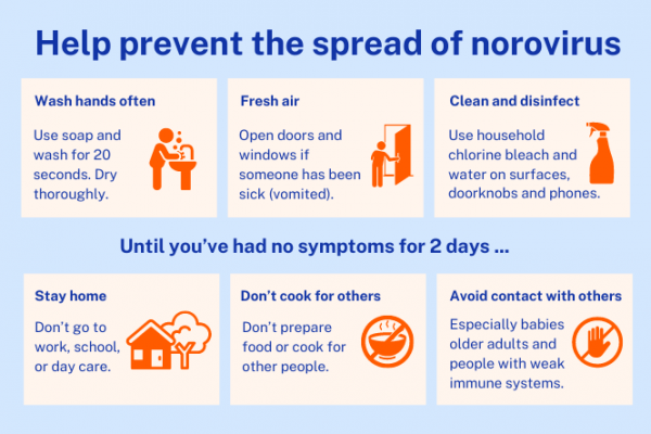 Infographic showing ways of stopping the spread of norovirus, hand washing, opening doors and windows cleaning and staying home until 2 days after symptoms have gone