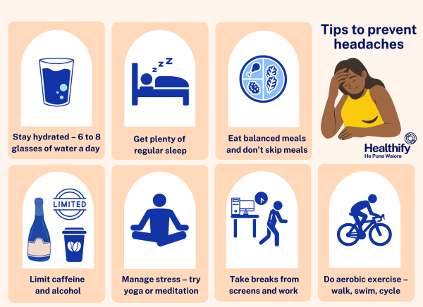 Tips for preventing headaches including hydration, sleep, exercise and stress reduction