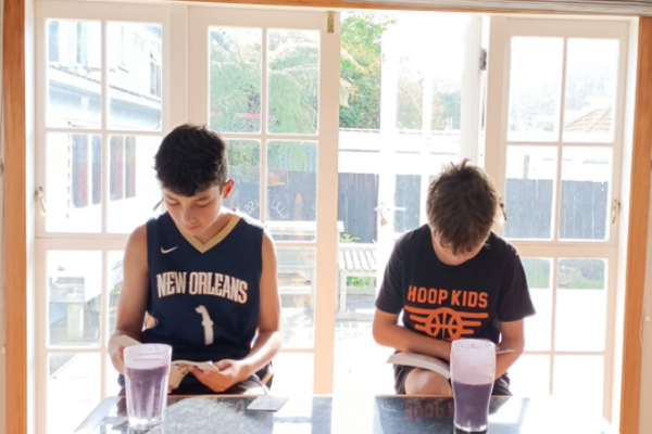 Two kiwi boys reading at kitchen bench