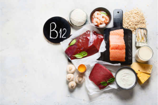Food sources of vitamin B12 on a table 