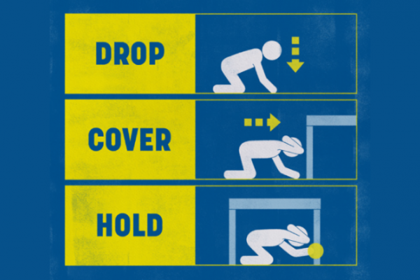 Graphic with drop cover and hold advice for earthquake safety