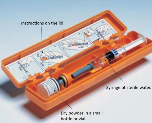A GlucaGen HypoKit with the parts labelled