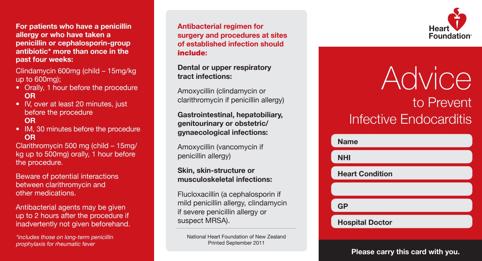 infective endocarditis wallet card