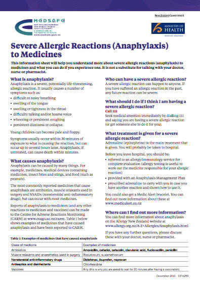 severe allergic reactions anaphylaxis to medicines moh nz